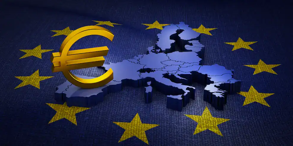Mapa tridimensional de Europa rodeado por estrellas de la Unión Europea, con un gran símbolo del euro que representa las subvenciones europeas para pymes y autónomos.